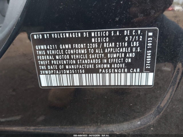 44841633 :رقم المزاد ، 3VWDP7AJ1DM351156 vin ، 2013 Volkswagen Jetta Se مزاد بيع