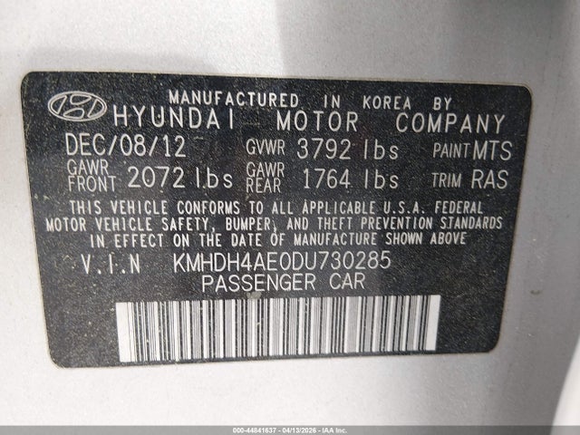 44841637 :رقم المزاد ، KMHDH4AE0DU730285 vin ، 2013 Hyundai Elantra Limited مزاد بيع