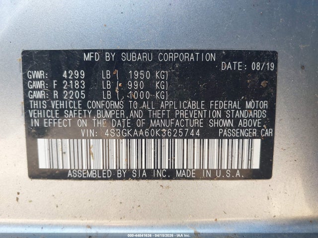 44841636 :رقم المزاد ، 4S3GKAA60K3625744 vin ، 2019 Subaru Impreza 2.0i مزاد بيع