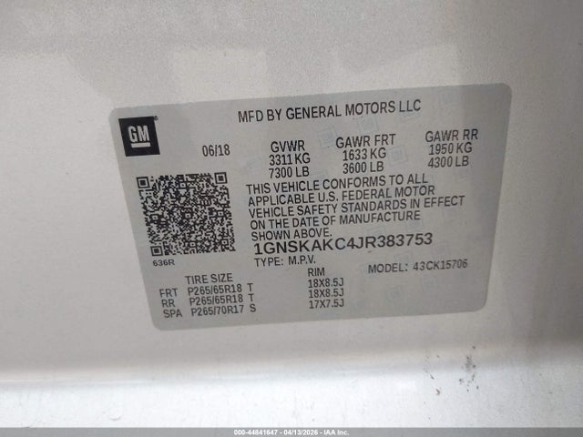 Продаж на аукціоні авто 2018 Chevrolet Tahoe Ls, vin: 1GNSKAKC4JR383753, номер лоту: 44841647