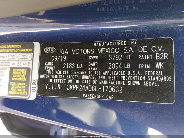 44841654 :رقم المزاد ، 3KPF24AD6LE170632 vin ، 2020 Kia Forte Lxs مزاد بيع