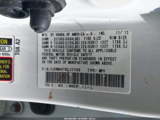 44841669 :رقم المزاد ، 5J6RM4H79EL037066 vin ، 2014 Honda Cr-v Ex-l مزاد بيع