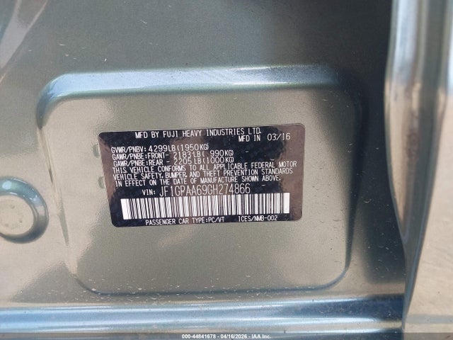 Aukcja sprzedaży 2016 Subaru Impreza 2.0i, vin: JF1GPAA69GH274866, numer aukcji: 44841678