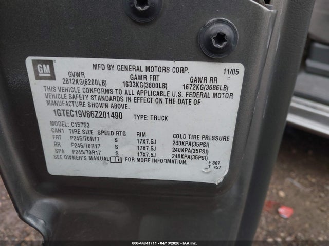 Aukcja sprzedaży 2006 Gmc Sierra 1500 Sle1, vin: 1GTEC19V86Z201490, numer aukcji: 44841711