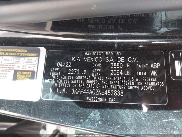 44841715 :رقم المزاد ، 3KPF44AC2NE482838 vin ، 2022 Kia Forte Gt Manual مزاد بيع
