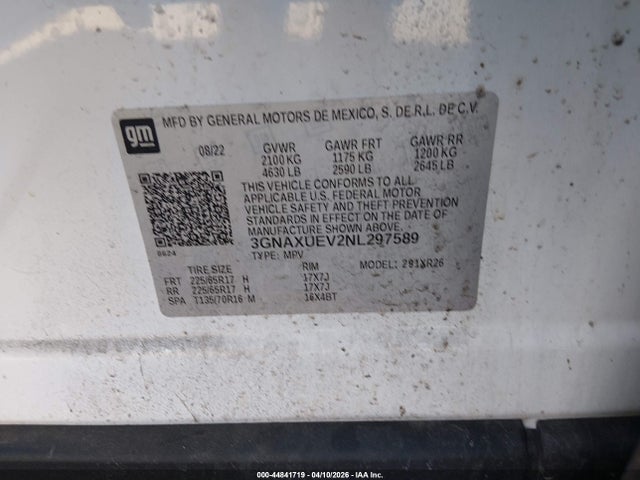2022 Chevrolet Equinox Awd Lt მანქანა იყიდება აუქციონზე, vin: 3GNAXUEV2NL297589, აუქციონის ნომერი: 44841719