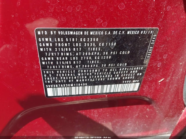 Продаж на аукціоні авто 2019 Volkswagen Tiguan 2.0t Se/2.0t Sel/2.0t Sel R-line/2.0t Sel R-line Black, vin: 3VV3B7AX3KM119495, номер лоту: 44841720