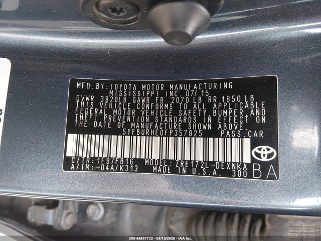 Aukcja sprzedaży 2015 Toyota Corolla Le, vin: 5YFBURHE0FP357825, numer aukcji: 44841732