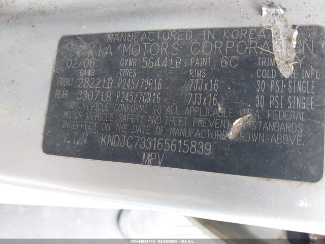 Продажа на аукционе авто 2006 Kia Sorento Ex/lx, vin: KNDJC733165615839, номер лота: 44841745