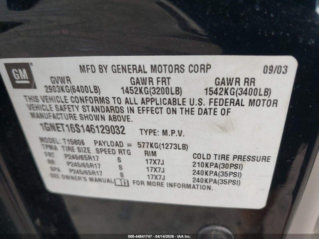 Auction sale of the 2004 Chevrolet Trailblazer Ext Ls, vin: 1GNET16S146129032, lot number: 44841747