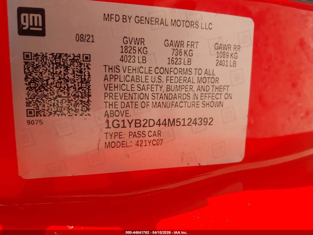 Продаж на аукціоні авто 2021 Chevrolet Corvette Stingray Rwd  2lt, vin: 1G1YB2D44M5124392, номер лоту: 44841762