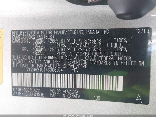 44841763 :رقم المزاد ، 2T2GA31U44C006034 vin ، 2004 Lexus Rx 330 مزاد بيع