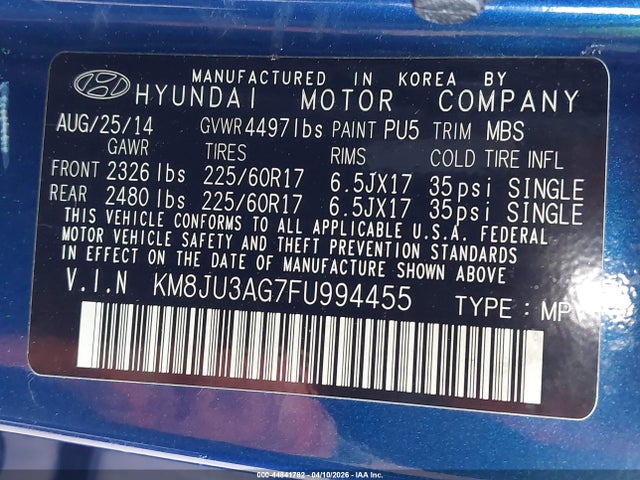 44841782 :رقم المزاد ، KM8JU3AG7FU994455 vin ، 2015 Hyundai Tucson Se مزاد بيع