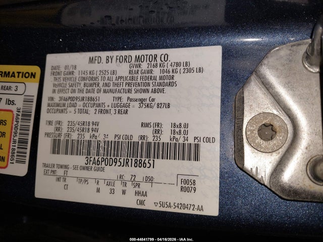 2018 Ford Fusion Titanium მანქანა იყიდება აუქციონზე, vin: 3FA6P0D95JR188651, აუქციონის ნომერი: 44841799