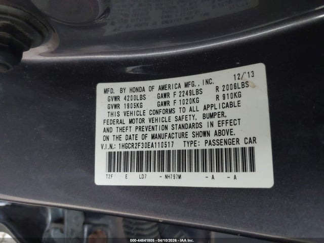 Продаж на аукціоні авто 2014 Honda Accord Lx, vin: 1HGCR2F30EA110517, номер лоту: 44841805