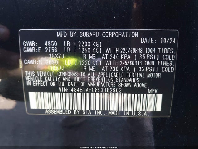 Aukcja sprzedaży 2025 Subaru Outback Touring, vin: 4S4BTAPC8S3162963, numer aukcji: 44841830