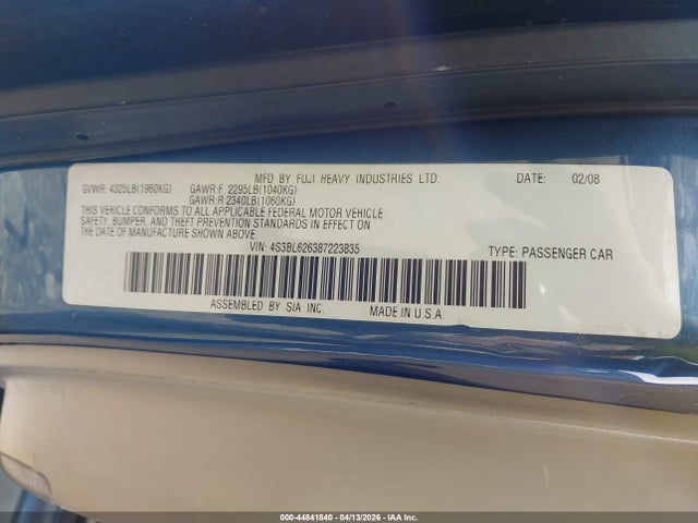 44841840 :رقم المزاد ، 4S3BL626387223835 vin ، 2008 Subaru Legacy 2.5i Limited مزاد بيع
