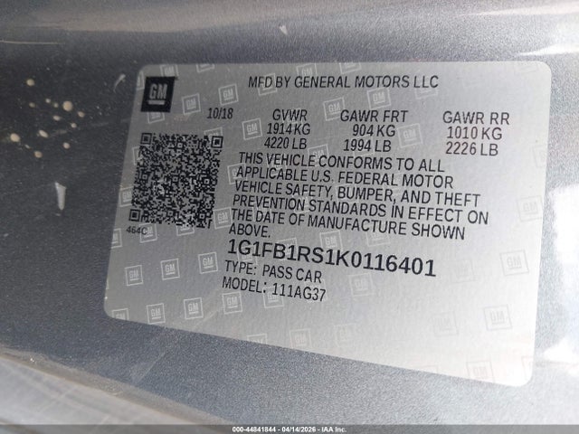 Aukcja sprzedaży 2019 Chevrolet Camaro 1lt, vin: 1G1FB1RS1K0116401, numer aukcji: 44841844