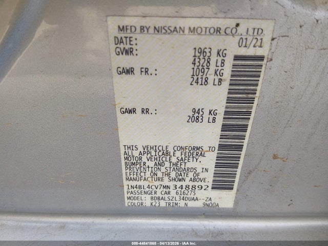 2021 Nissan Altima Sr Fwd მანქანა იყიდება აუქციონზე, vin: 1N4BL4CV7MN348892, აუქციონის ნომერი: 44841868