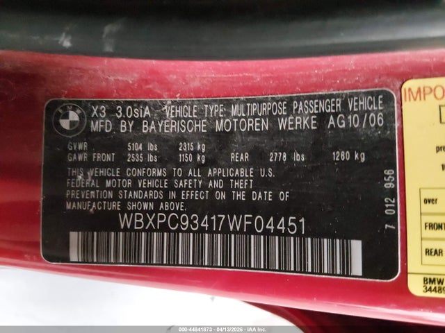 Продаж на аукціоні авто 2007 Bmw X3 3.0si, vin: WBXPC93417WF04451, номер лоту: 44841873