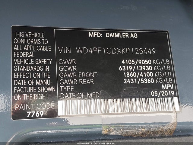 Продаж на аукціоні авто 2019 Mercedes-benz Sprinter 2500 High Roof V6, vin: WD4PF1CDXKP123449, номер лоту: 44841876