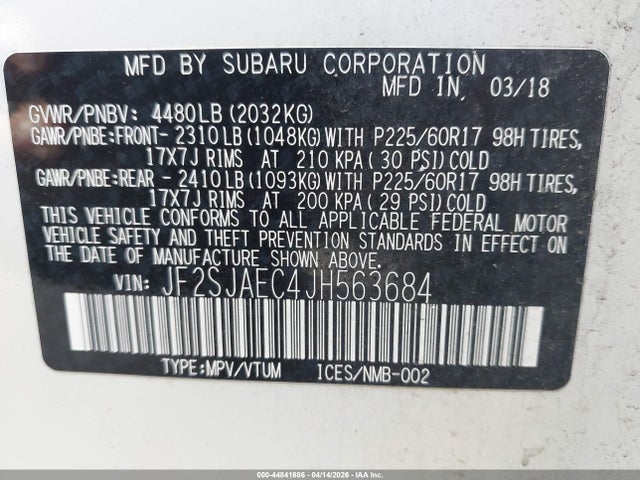 Aukcja sprzedaży 2018 Subaru Forester 2.5i Premium, vin: JF2SJAEC4JH563684, numer aukcji: 44841886