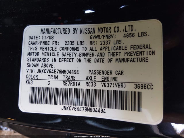 44841894 :رقم المزاد ، JNKCV64E79M604494 vin ، 2009 Infiniti G37 Journey مزاد بيع