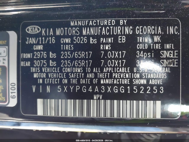 5XYPG4A3XGG152253 KIA Sorento 2.4l Lx