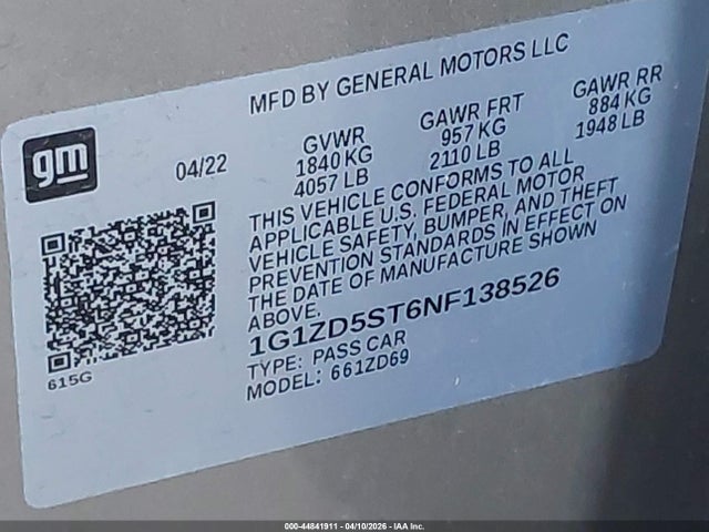 1G1ZD5ST6NF138526 Chevrolet Malibu Fwd Lt