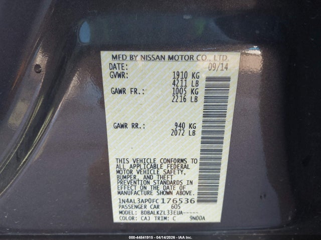 2015 Nissan Altima 2.5 Sv მანქანა იყიდება აუქციონზე, vin: 1N4AL3AP0FC176536, აუქციონის ნომერი: 44841915