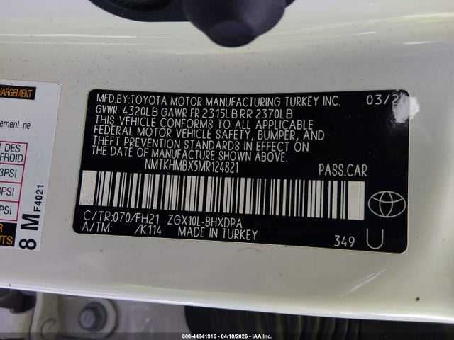 2021 Toyota C-hr Le მანქანა იყიდება აუქციონზე, vin: NMTKHMBX5MR124821, აუქციონის ნომერი: 44841916