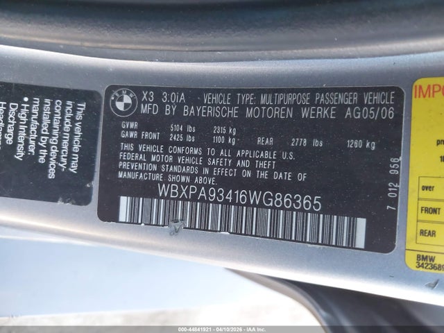 Продаж на аукціоні авто 2006 Bmw X3 3.0i, vin: WBXPA93416WG86365, номер лоту: 44841921