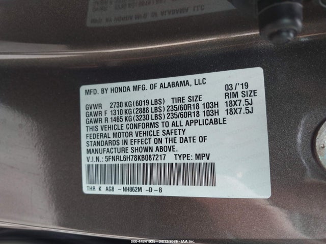 Aukcja sprzedaży 2019 Honda Odyssey Ex-l, vin: 5FNRL6H78KB087217, numer aukcji: 44841925