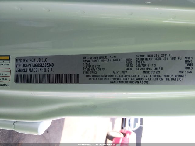Продаж на аукціоні авто 2025 Jeep Gladiator Sport S, vin: 1C6PJTAG0SL525349, номер лоту: 44841927