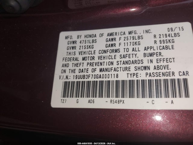 2016 Acura Tlx V6 Advance მანქანა იყიდება აუქციონზე, vin: 19UUB3F70GA000118, აუქციონის ნომერი: 44841930
