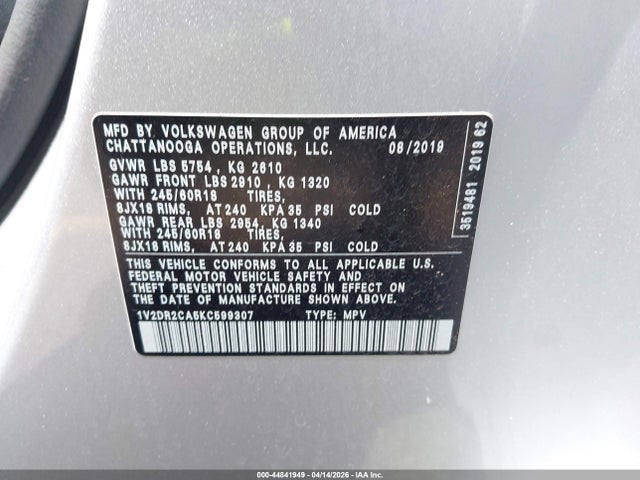 Aukcja sprzedaży 2019 Volkswagen Atlas 3.6l V6 Se, vin: 1V2DR2CA5KC599307, numer aukcji: 44841949
