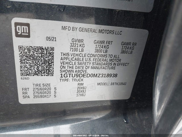 Aukcja sprzedaży 2021 Gmc Sierra 1500 4wd  Short Box Slt, vin: 1GTU9DED0MZ318938, numer aukcji: 44841952
