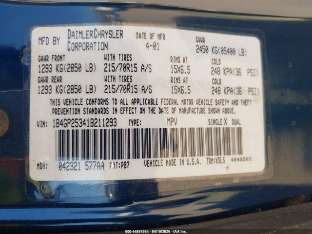 Aukcja sprzedaży 2001 Dodge Caravan Se, vin: 1B4GP25341B211293, numer aukcji: 44841964