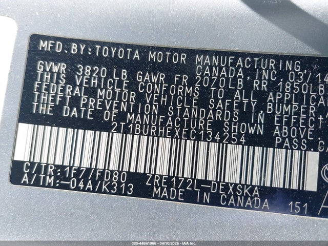 44841966 :رقم المزاد ، 2T1BURHEXEC134254 vin ، 2014 Toyota Corolla S Plus مزاد بيع