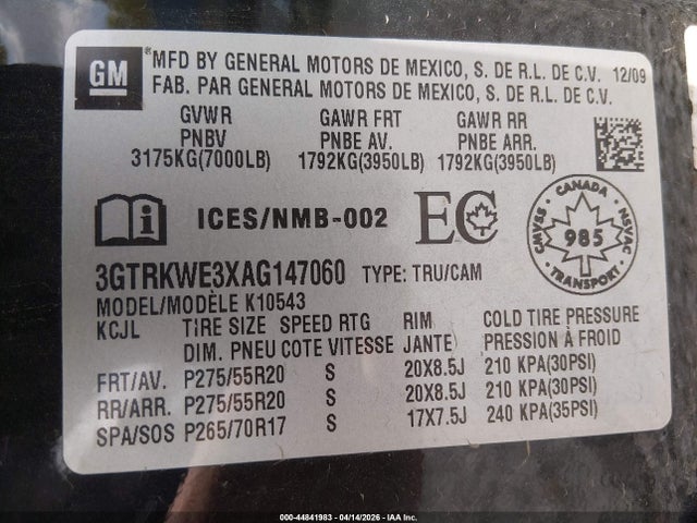 44841983 :رقم المزاد ، 3GTRKWE3XAG147060 vin ، 2010 Gmc Sierra 1500 Slt مزاد بيع