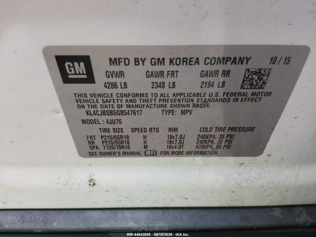 Aukcja sprzedaży 2016 Buick Encore Convenience, vin: KL4CJBSB5GB547617, numer aukcji: 44842005