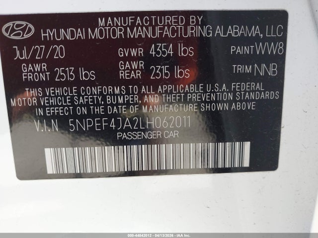 44842012 :رقم المزاد ، 5NPEF4JA2LH062011 vin ، 2020 Hyundai Sonata Sel مزاد بيع