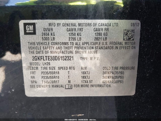 44842015 :رقم المزاد ، 2GKFLTE30D6152321 vin ، 2013 Gmc Terrain Sle-2 مزاد بيع