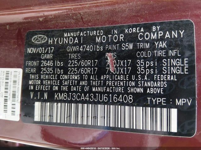 44842016 :رقم المزاد ، KM8J3CA43JU616408 vin ، 2018 Hyundai Tucson Sel مزاد بيع