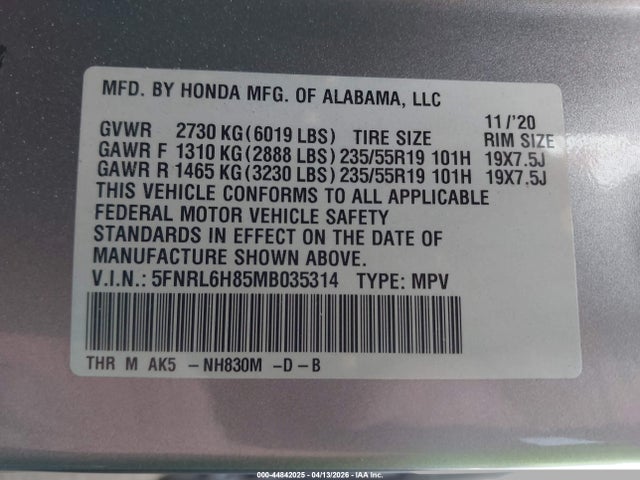 44842025 :رقم المزاد ، 5FNRL6H85MB035314 vin ، 2021 Honda Odyssey Touring مزاد بيع