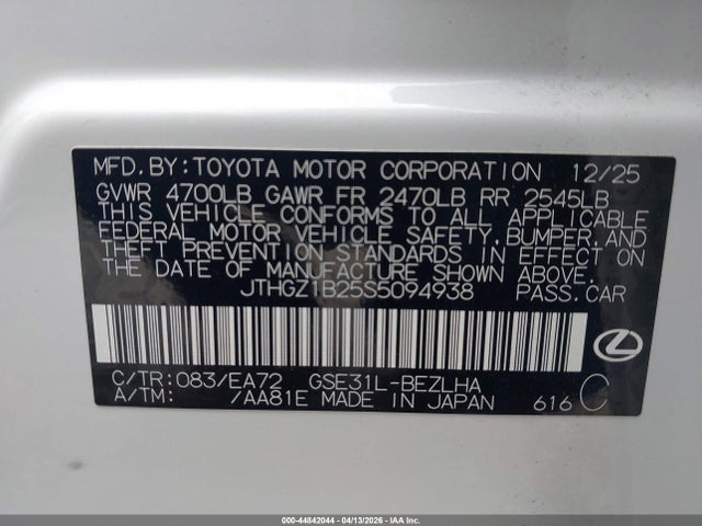 2025 Lexus Is 350 F Sport მანქანა იყიდება აუქციონზე, vin: JTHGZ1B25S5094938, აუქციონის ნომერი: 44842044