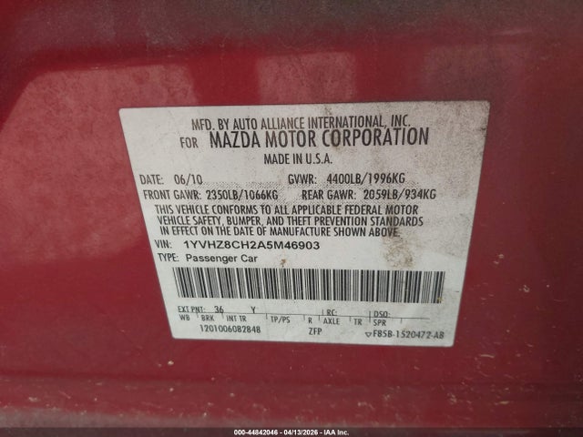 Продажа на аукционе авто 2010 Mazda Mazda6 I Touring Plus, vin: 1YVHZ8CH2A5M46903, номер лота: 44842046