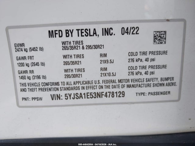 44842054 :رقم المزاد ، 5YJSA1E53NF478129 vin ، 2022 Tesla Model S Dual Motor All-wheel Drive مزاد بيع