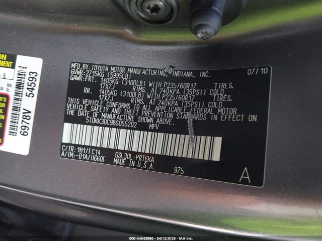 2011 Toyota Sienna Le V6 მანქანა იყიდება აუქციონზე, vin: 5TDKK3DC9BS055202, აუქციონის ნომერი: 44842060