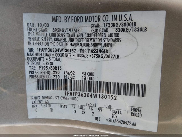 Продажа на аукционе авто 2004 Ford Focus Se, vin: 1FAFP36304W130152, номер лота: 44842063